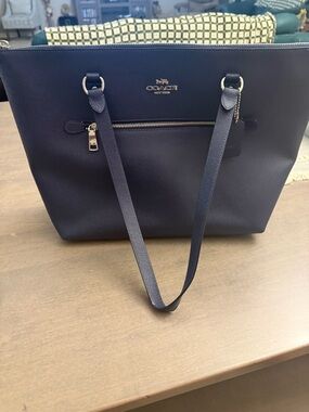 Coach Navy Leather Zip-Top Tote with Front Pocket